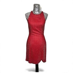 Vintage Y2K‎ Red Silk Beaded Mini Dress Small Scallop Hem Lined Cocktail Party
